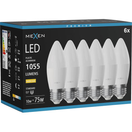 Mexen Nova 6x LED izzó E27, C37, 10W, Meleg - 3000K, 1055 lm - L102-E27-1030-01x06