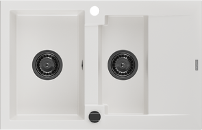 Mexen Gaspar 1,5 tálcás gránit mosogató csepegtetővel 737 x 475 mm, fehér, fekete szifon - 6507731505-20-B