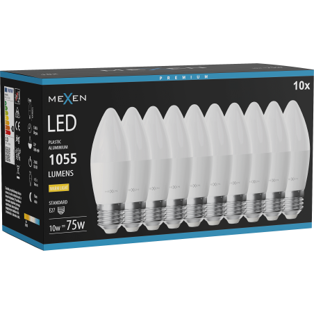 Mexen Nova 10x LED izzó E27, C37, 10W, Meleg - 3000K, 1055 lm - L102-E27-1030-01x10