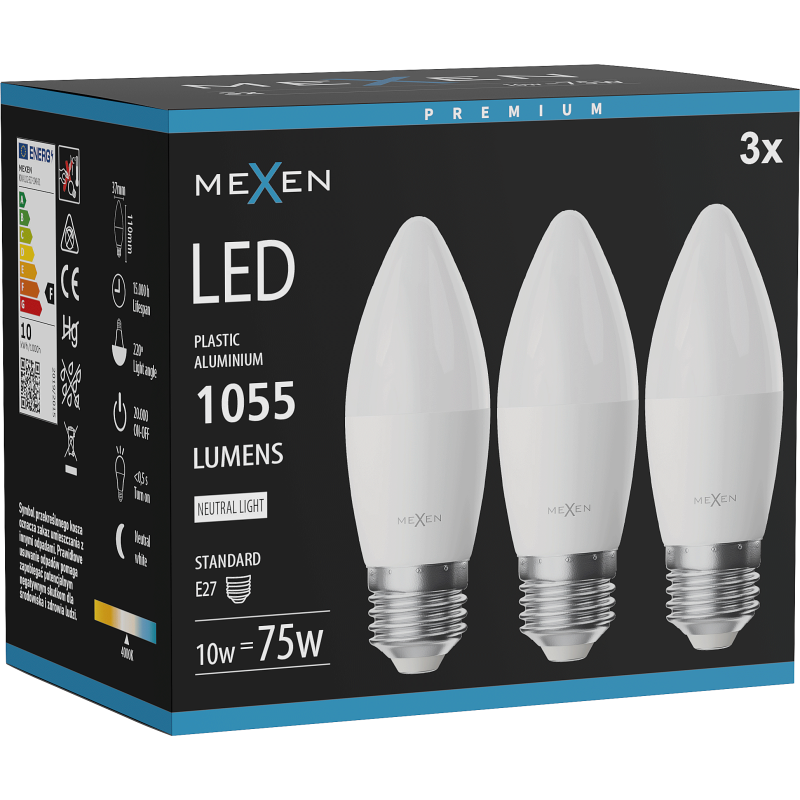 Mexen Nova 3x LED izzó E27, C37, 10W, Semleges - 4000K, 1055 lm - L102-E27-1040-01x03
