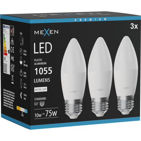 Mexen Nova 3x LED izzó E27, C37, 10W, Semleges - 4000K, 1055 lm - L102-E27-1040-01x03