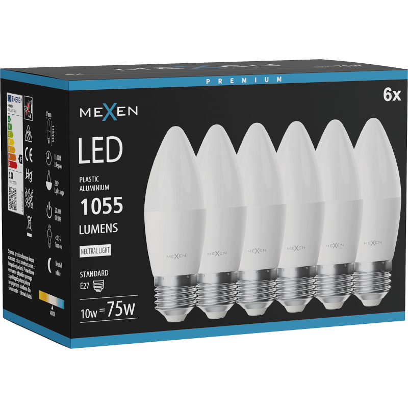Mexen Nova 6x LED izzó E27, C37, 10W, Semleges - 4000K, 1055 lm - L102-E27-1040-01x06