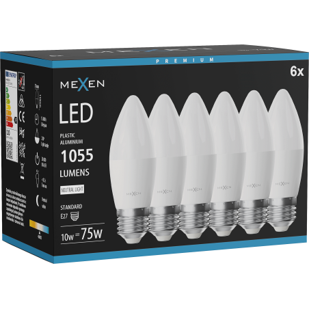 Mexen Nova 6x Bec LED E27, C37, 10W, Neutră - 4000K, 1055 lm - L102-E27-1040-01x06