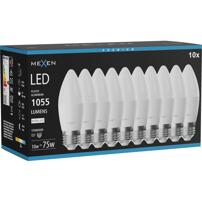 Mexen Nova 10x LED izzó E27, C37, 10W, Semleges - 4000K, 1055 lm - L102-E27-1040-01x10