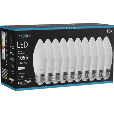 Mexen Nova 10x LED izzó E27, C37, 10W, Semleges - 4000K, 1055 lm - L102-E27-1040-01x10