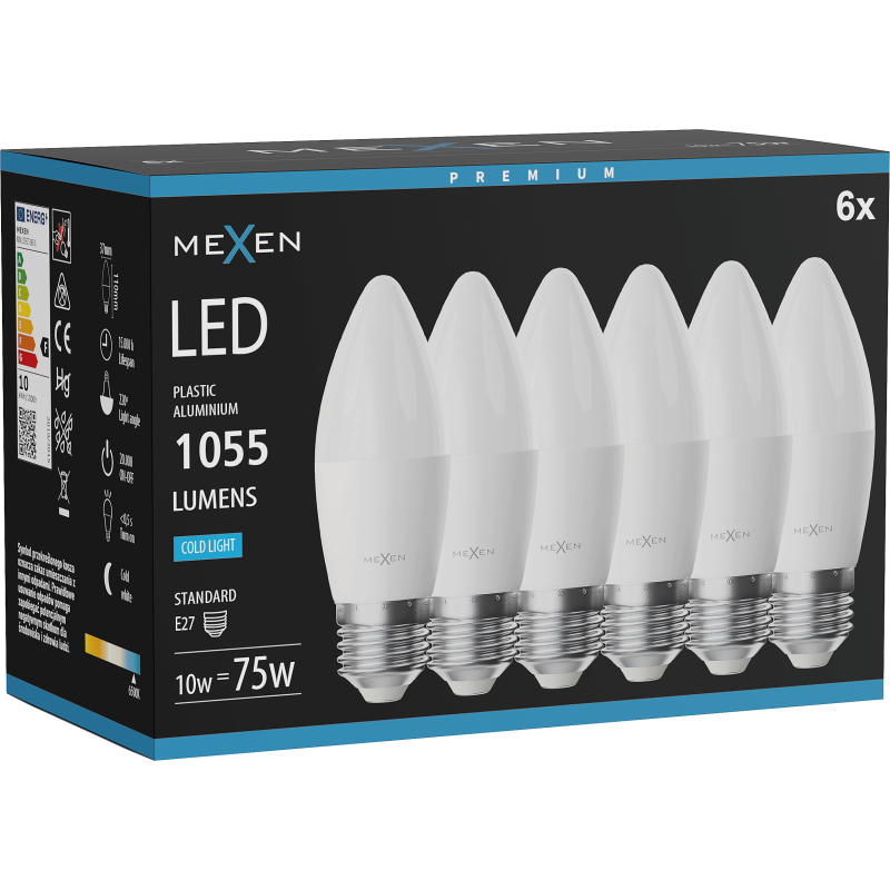 Mexen Nova 6x LED izzó E27, C37, 10W, Hideg - 6500K, 1055 lm - L102-E27-1065-01x06