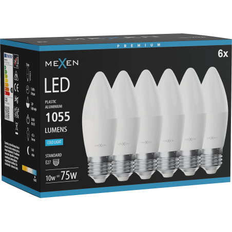 Mexen Nova 6x LED izzó E27, C37, 10W, Hideg - 6500K, 1055 lm - L102-E27-1065-01x06