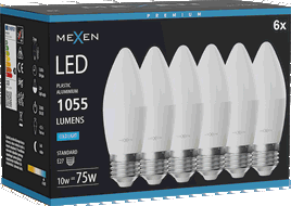 Mexen Nova 6x LED izzó E27, C37, 10W, Hideg - 6500K, 1055 lm - L102-E27-1065-01x06