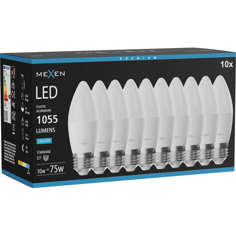 Mexen Nova 10x LED Izzó E27, C37, 10W, Hideg - 6500K, 1055 lm - L102-E27-1065-01x10