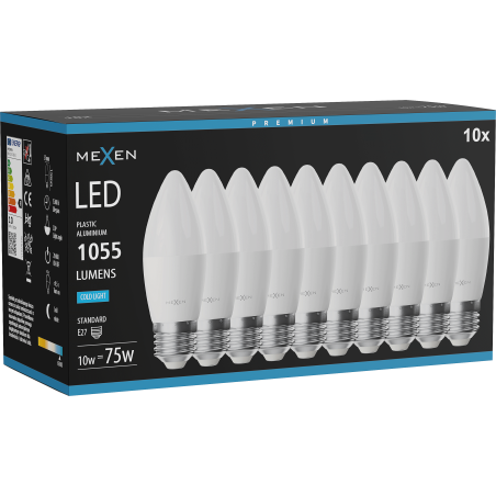 Mexen Nova 10x LED Izzó E27, C37, 10W, Hideg - 6500K, 1055 lm - L102-E27-1065-01x10