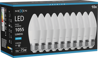 Mexen Nova 10x LED Izzó E27, C37, 10W, Hideg - 6500K, 1055 lm - L102-E27-1065-01x10