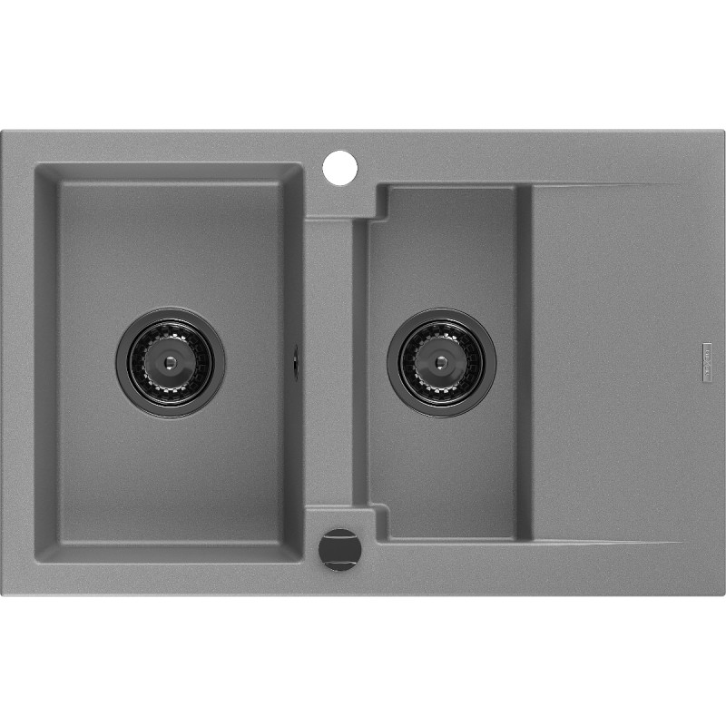 Mexen Gaspar gránit mosogató 1,5 rekeszes csepegtetővel, 737 x 475 mm, szürke, fekete szifonnal - 6507731505-71-B