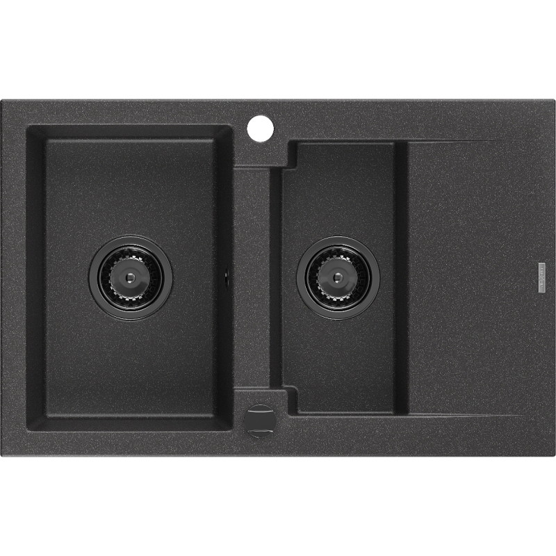 Mexen Gaspar chiuvetă granit 1,5 cuve cu scurgător 737 x 475 mm, negru pătat, sifon negru - 6507731505-76-B