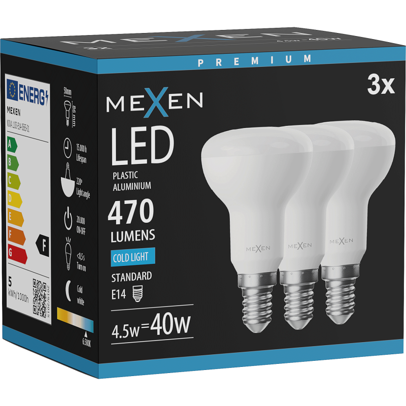 Mexen Nova 3x LED izzó E14, R50, 4,5W, Hideg - 6500K, 470 lm - L103-E14-0565-01x03