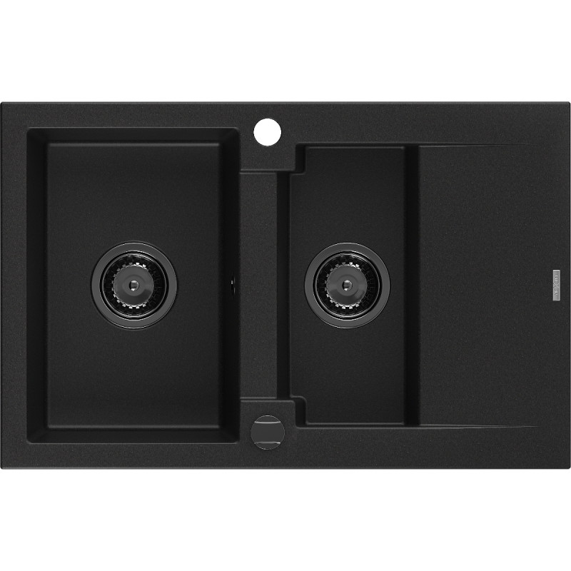 Mexen Gaspar chiuvetă de granit cu 1,5 cuve și picurător 737 x 475 mm, negru, sifon negru - 6507731505-77-B