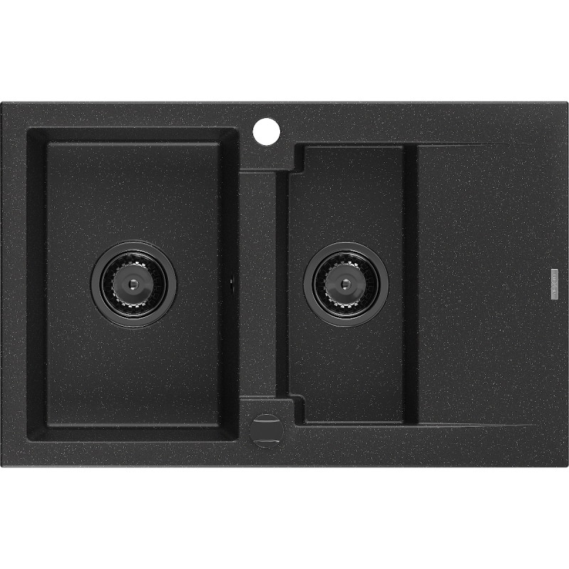 Mexen Gaspar 1,5 rekeszes gránit mosogató csepptálcával 737 x 475 mm fekete/ezüst metál, fekete szifon - 6507731505-73-B