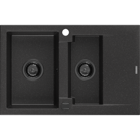 Mexen Gaspar chiuvetă de granit cu 1,5 cuve și scurgător 737 x 475 mm negru/argintiu metalizat, sifon negru - 6507731505-73-B