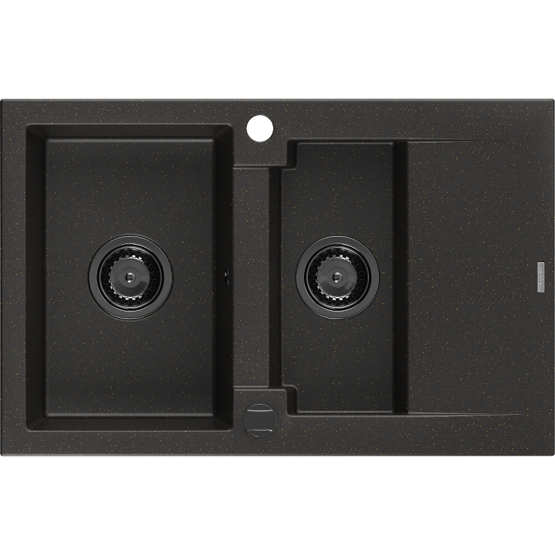 Mexen Gaspar chiuvetă de bucătărie din granit cu 1,5 cuve și scurgător 737 x 475 mm, negru/auriu metalizat, sifon negru
