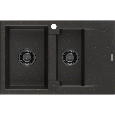 Chiuvetă de granit Mexen Gaspar 1,5 compartimente cu scurgător 737 x 475 mm, negru/auriu metalic, sifon negru - 6507731505-75-B
