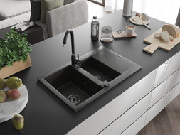 Chiuvetă de granit Mexen Gaspar 1,5 compartimente cu scurgător 737 x 475 mm, negru/auriu metalic, sifon negru - 6507731505-75-B