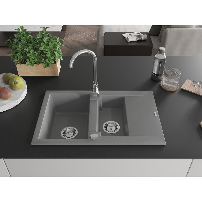 Mexen Gaspar chiuvetă de granit cu 1,5 compartimente și scurgător 737 x 475 mm, gri, sifon crom - 6507731505-71