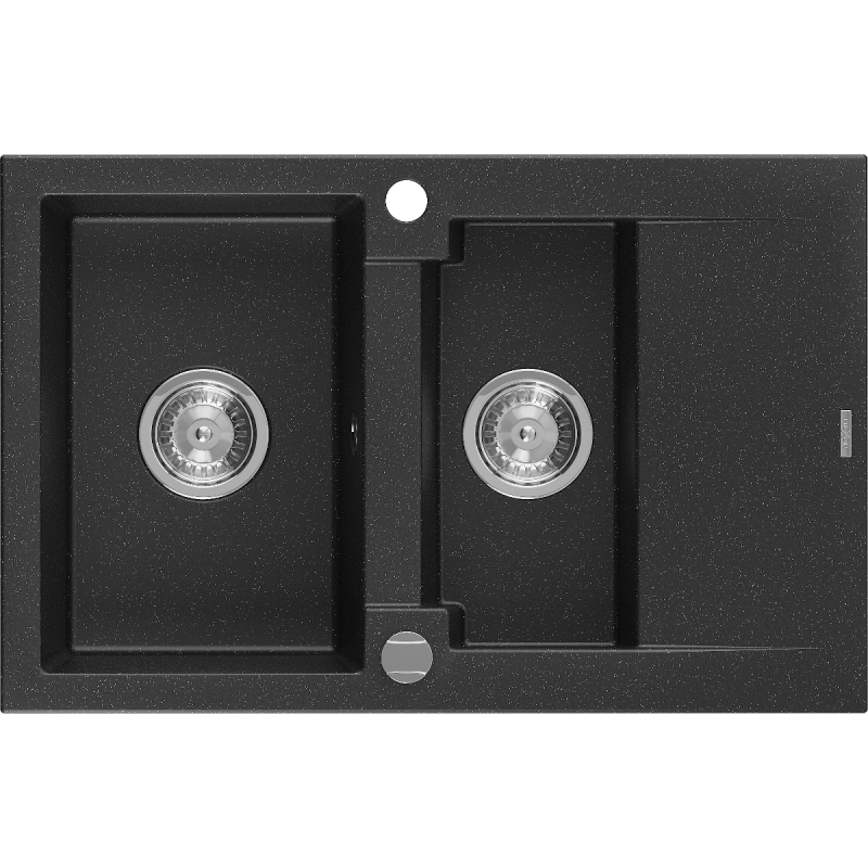 Mexen Gaspar chiuvetă de granit cu 1,5 cuve și scurgător 737 x 475 mm, negru/argintiu metalizat, sifon cromat - 6507731505-73