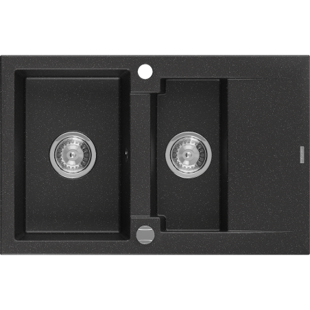 Mexen Gaspar chiuvetă de granit cu 1,5 cuve și scurgător 737 x 475 mm, negru/argintiu metalizat, sifon cromat - 6507731505-73