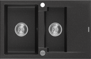 Mexen Gaspar chiuvetă de granit cu 1,5 cuve și scurgător 737 x 475 mm, negru/argintiu metalizat, sifon cromat - 6507731505-73