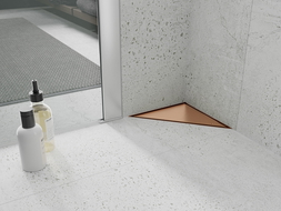Mexen Flat-T M13 háromszög alakú padlóösszefolyó 20 x 20 cm, kefe hatású réz - 1C10320