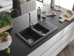 Mexen Gaspar Chiuvetă de granit de 1,5 compartiment cu picurător mic 737 x 475 mm, Negru cu picățele - 6507731505-76