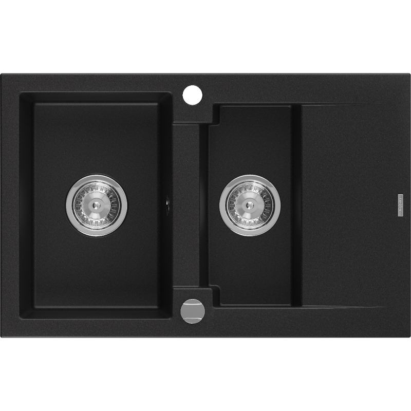 Mexen Gaspar chiuvetă din granit cu 1,5 compartimente și scurgător 737 x 475 mm, negru, sifon cromat - 6507731505-77