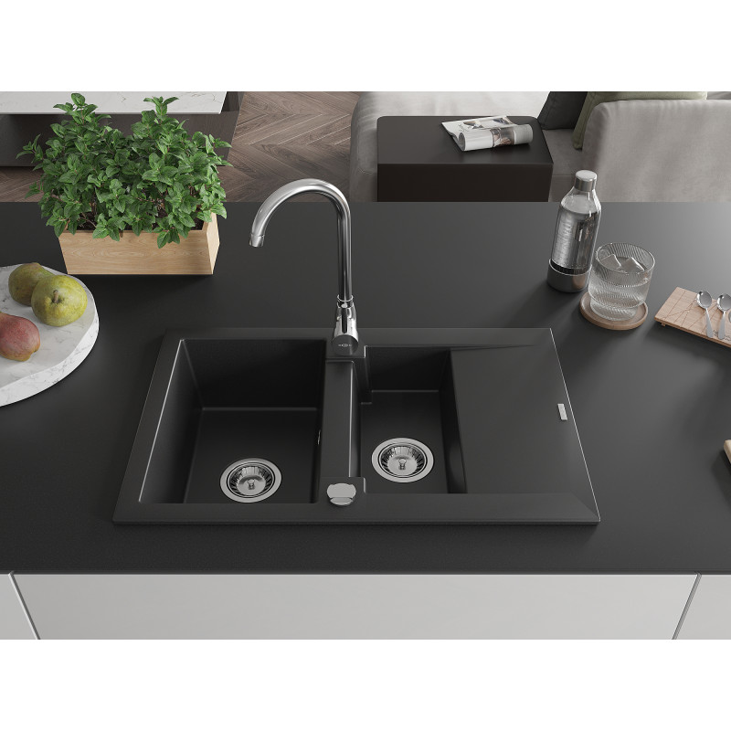 Mexen Gaspar 1,5 medencés, csepegtetős gránit mosogató 737 x 475 mm, fekete, krómozott szifon - 6507731505-77