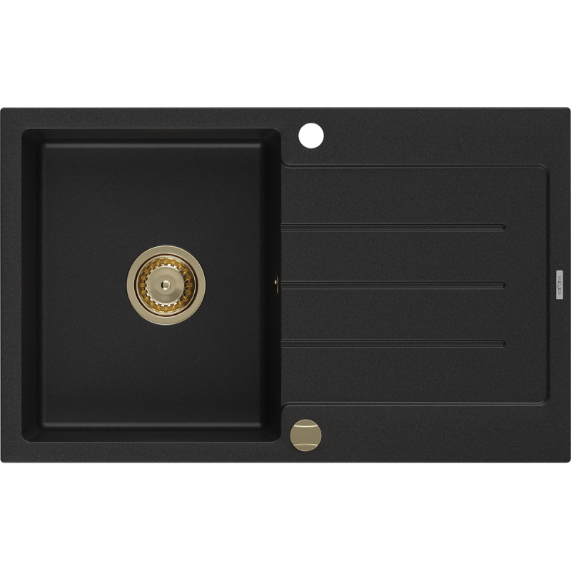 Mexen Bruno1-medencés gránit mosogató edényszárítóval 795 x 495 mm, Fekete, szifon Arany - 6513791010-77-G