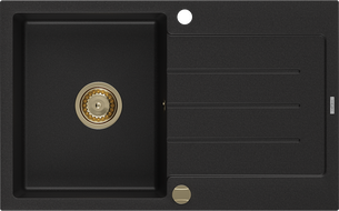 Mexen Bruno chiuvetă de granit cu 1 compartiment și scurgător 795 x 495 mm, negru, sifon auriu - 6513791010-77-G