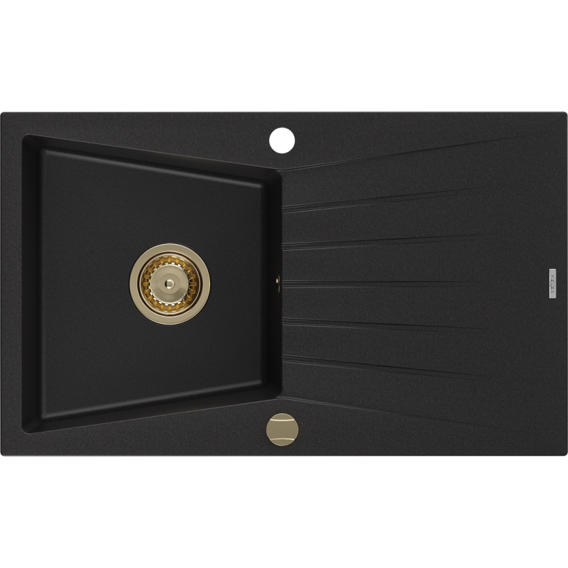 Mexen Cesar chiuvetă granitică cu 1 compartiment și picurător 775 x 470 mm, negru, sifon auriu - 6514771010-77-G
