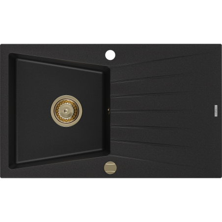 Mexen Cesar chiuvetă granitică cu 1 compartiment și picurător 775 x 470 mm, negru, sifon auriu - 6514771010-77-G