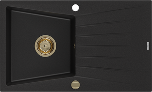 Mexen Cesar egymedencés gránit mosogató csepegtetővel 775 x 470 mm, fekete, arany szifon - 6514771010-77-G