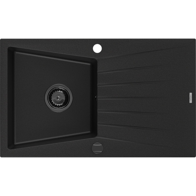 Mexen Cesar gránit egymedencés mosogató csepegtetővel 775 x 470 mm, fekete, fekete szifon - 6514771010-77-B