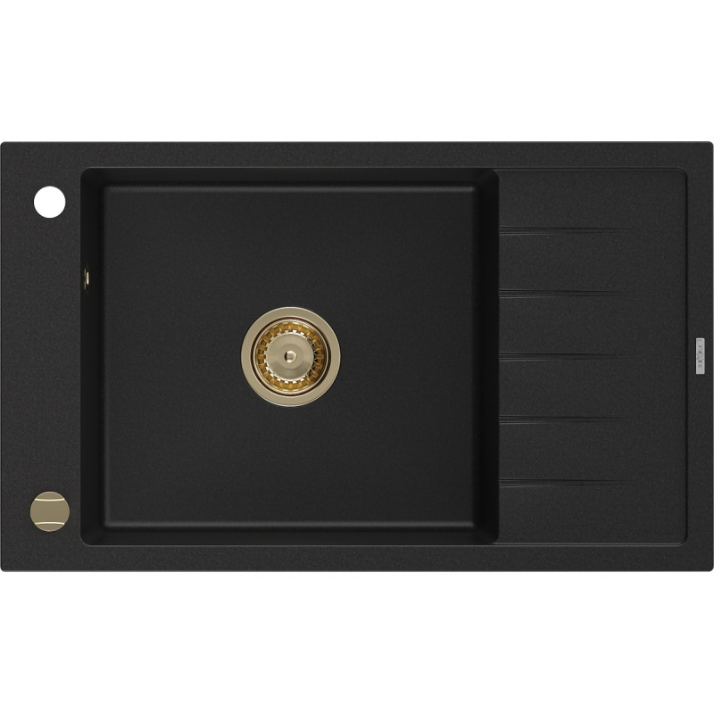 Mexen Elias 1-medencés gránit mosogató csepegtetővel 795 x 480 mm, fekete, arany szifon - 6511791005-77-G