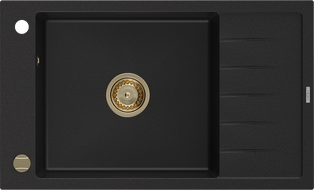 Mexen Elias chiuvetă de granit cu 1 compartiment și picurător 795 x 480 mm, negru, sifon auriu - 6511791005-77-G