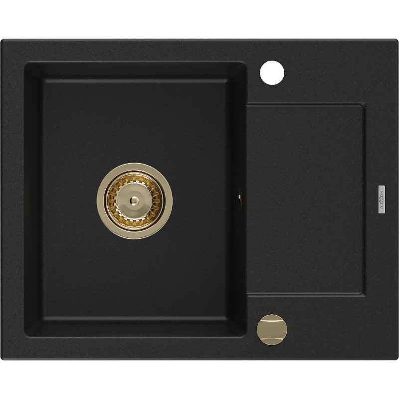 Mexen Enzo 1-medencés gránit mosogató csepegtetővel, 576 x 465 mm, fekete, arany szifonnal - 6506571005-77-G
