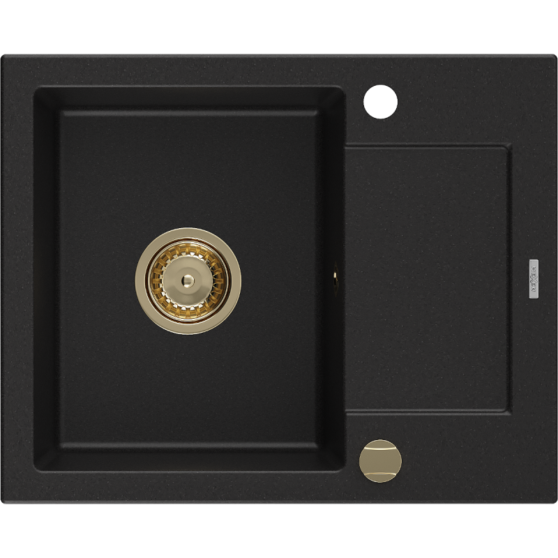 Mexen Enzo chiuvetă din granit cu 1 compartiment și scurgător 576 x 465 mm, negru, sifon auriu - 6506571005-77-G