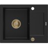 Mexen Enzo chiuvetă din granit cu 1 compartiment și scurgător 576 x 465 mm, negru, sifon auriu - 6506571005-77-G