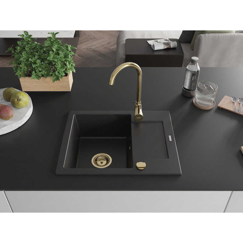 Mexen Enzo chiuvetă din granit cu 1 compartiment și scurgător 576 x 465 mm, negru, sifon auriu - 6506571005-77-G