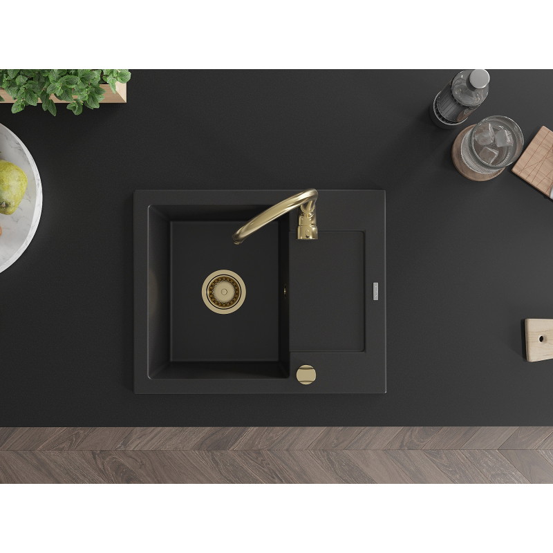 Mexen Enzo chiuvetă de granit cu 1 compartiment și picurător 576 x 465 mm, negru, sifon auriu - 6506571005-77-G