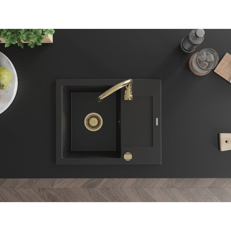 Mexen Enzo chiuvetă de granit cu 1 compartiment și scurgător 576 x 465 mm, negru, sifon auriu - 6506571005-77-G