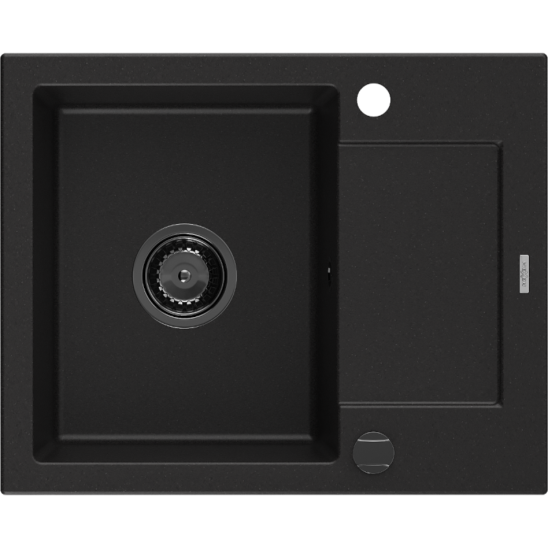 Mexen Enzo 1-medencés gránit mosogató csepegtetővel 576 x 465 mm, fekete, fekete szifon - 6506571005-77-B