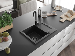 Mexen Enzo chiuvetă din granit cu 1 compartiment cu picurător 576 x 465 mm, Neagră, sifon Neagră - 6506571005-77-B