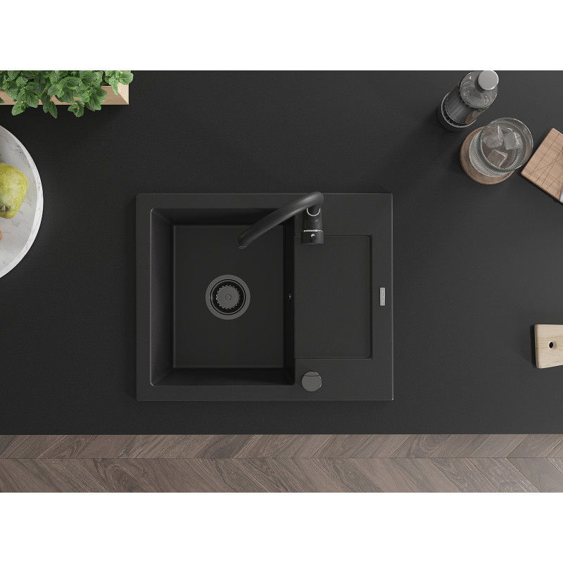 Mexen Enzo chiuvetă de granit cu 1 compartiment și picurător 576 x 465 mm, negru, sifon negru - 6506571005-77-B