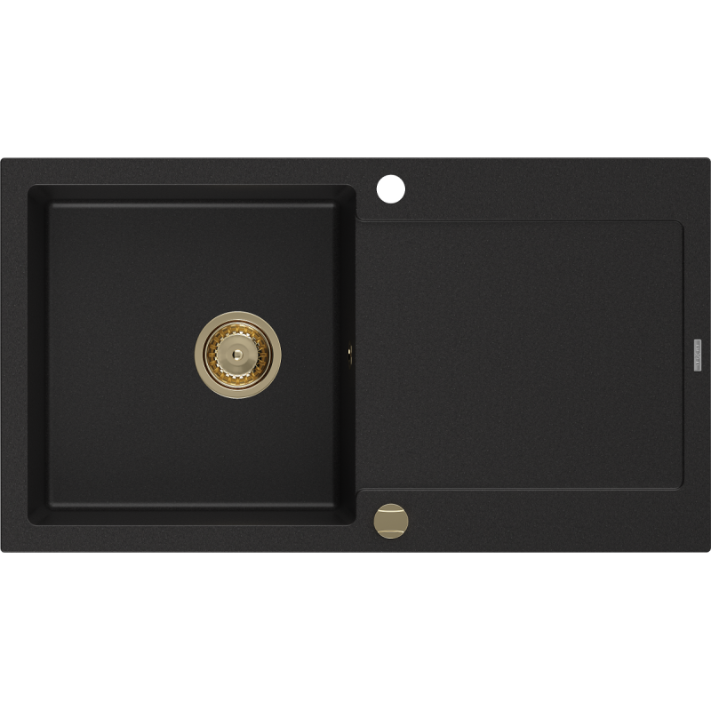 Mexen Leo chiuvetă din granit cu 1 cuvă cu scurgător 900 x 500 mm, negru, sifon auriu - 6501901010-77-G